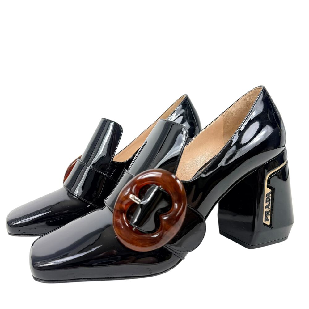 New Prada Patent Leather Amber Buckle Heeled Loafers Black Size 39 - Picture 3 of 10